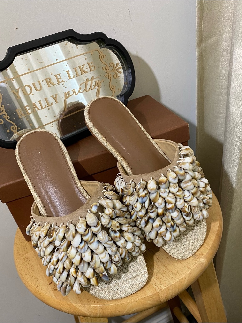 Beige Shell-Embellished Slip-On Sandals